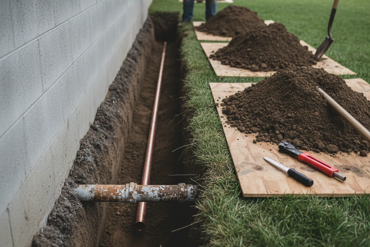 Excavated water line trench during Sewer Line Repair in Molino